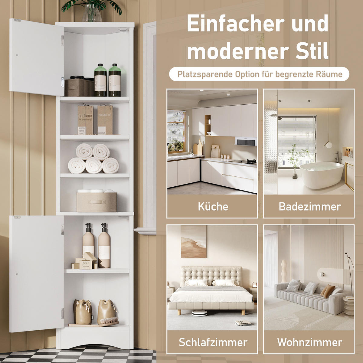 BADEZIMMERSCHRANK 36.5x24.5x170cm in Weiß, feuchtigkeitsbeständig mit 2 Türen - Weiß, Holzwerkstoff (24.5/170/36.5cm) - Modfu