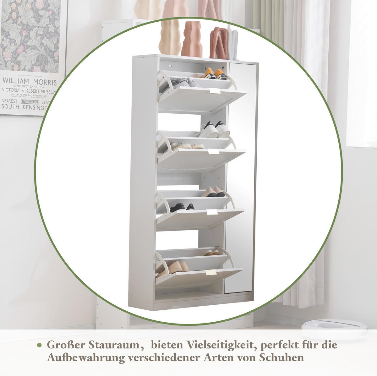 SCHUHSCHRANK 80/24/147 cm mit 4 Klappen und Spiegel in Weiß - Weiß, Holzwerkstoff (80/147/24cm) - BEAOK