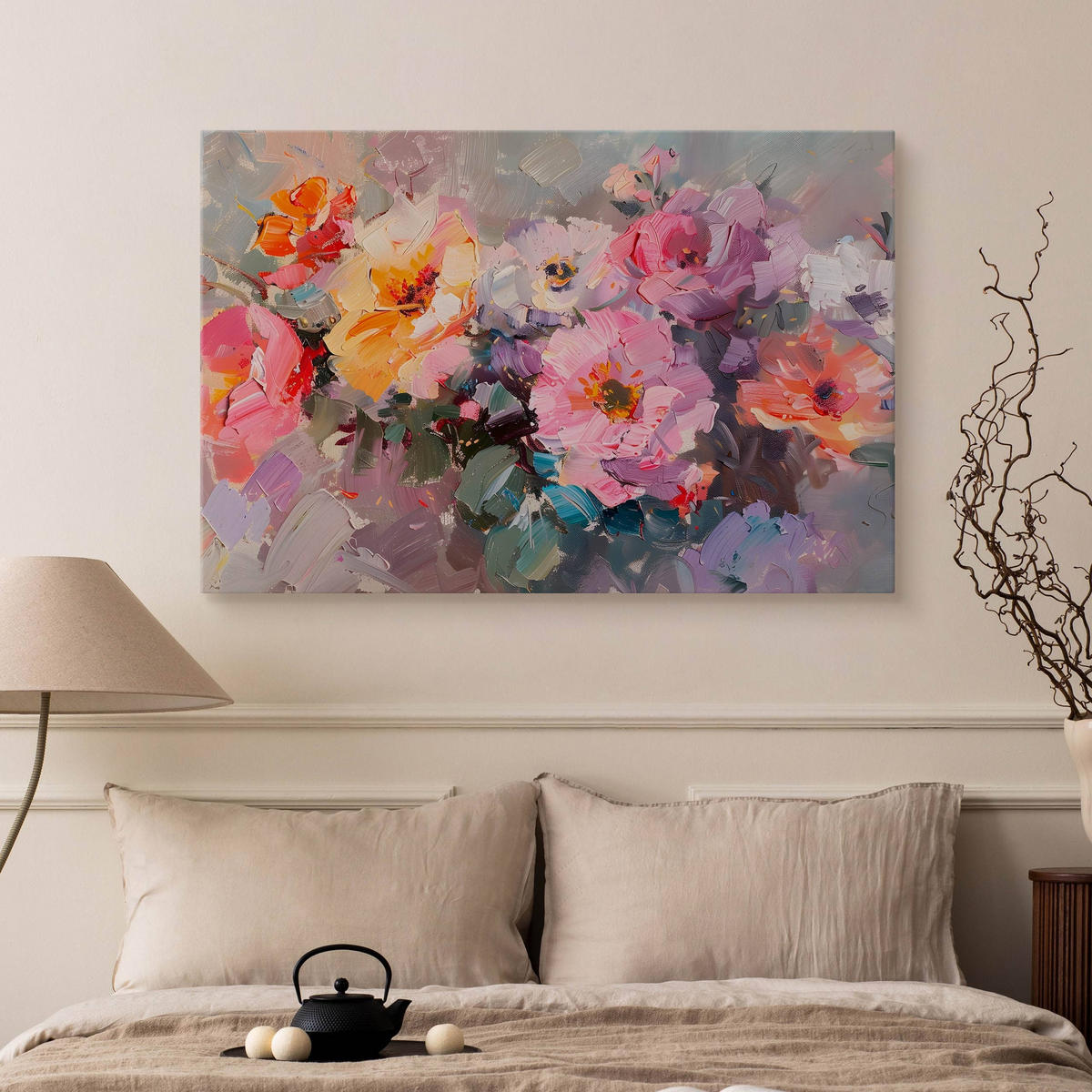 LEINWANDBILD für Wohnzimmer bunte Blumen Malarei 120cm x 80cm - Blau/Beige, Textil (120/80cm) - Muralo