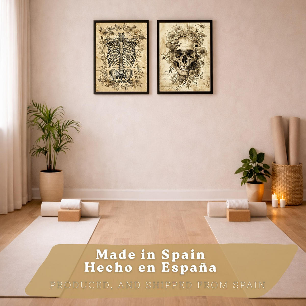 POSTER Set aus 2 Anatomie Mensch Drucke und Wandbilder mit Schädel Wirbelsäule Rippen Becken Klassisches Vintage Design Größe Schwarzer Rahmen A4 - Schwarz, Papier (21/29.7/3cm) - Nacnic