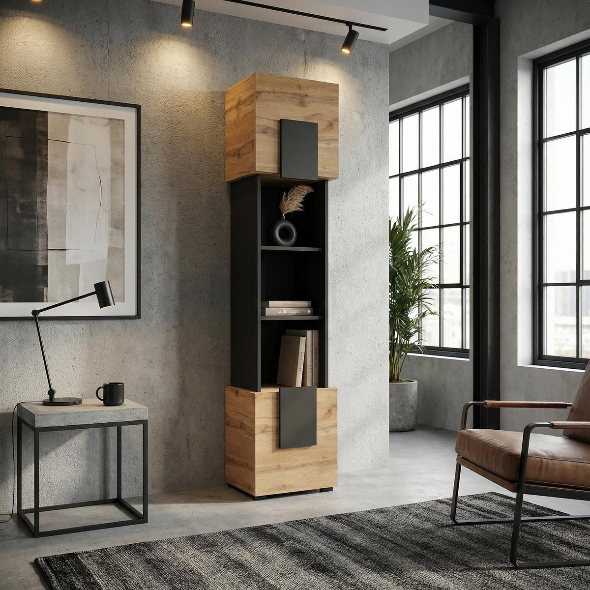 HIGHBOARD TORINO Hängend + Stehend, Mattes Finish, Schwarz + Eiche Wotan - Eiche Wotan/Schwarz, Holzwerkstoff/Kunststoff (39/172/35cm) - Komodee