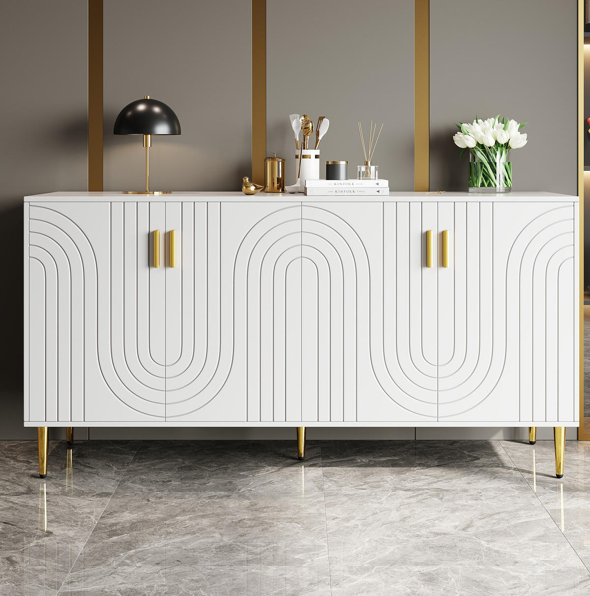 SIDEBOARD 152/40/75 cm in Weiß mit 4 Türen, 2 Schubladen und Goldakzenten - Weiß, Holzwerkstoff (40/75/152cm) - Flora Grace