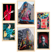 POSTER Set Mit 6 Graffiti Bunte Straßenkunst A3 & A4 Rahmen Aus Hellem Holz - Beige, Papier (29/3cm) - Nacnic