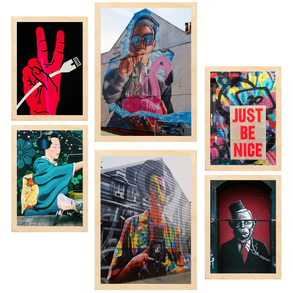 POSTER Set Mit 6 Graffiti Bunte Straßenkunst A3 & A4 Rahmen Aus Hellem Holz - Beige, Papier (29/3cm) - Nacnic