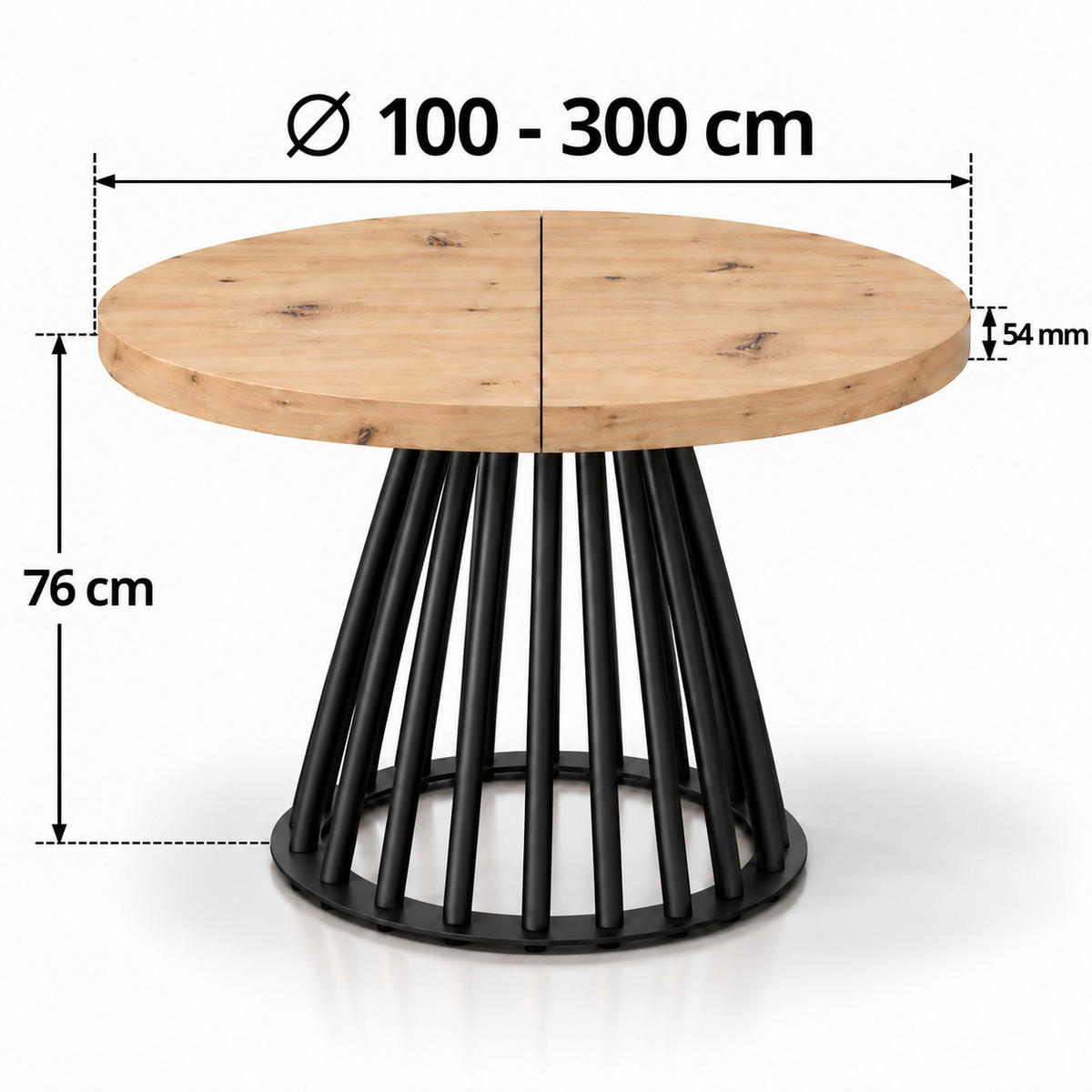 ESSTISCH rund ausziehbar 100/300/76 cm, Eiche Artisan, 54 cm Tischplatte + Lamellen-Metallgestell Schwarz - Schwarz/Eiche Artisan, Holzwerkstoff/Metall (100/300/76cm) - Damale Möbel