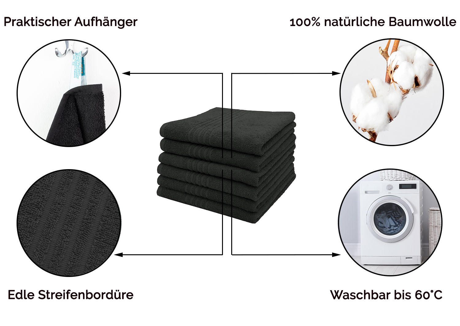 HANDTÜCHER, 6er-Set, 50x70 cm, 100% Baumwolle, Schwarz - Schwarz, Textil (50/70cm) - Zollner