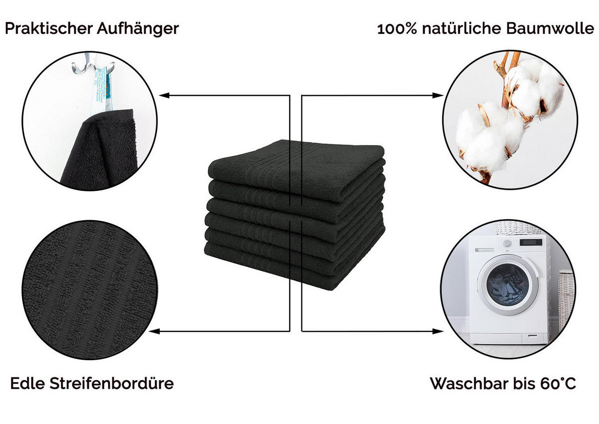 HANDTÜCHER, 6er-Set, 50x70 cm, 100% Baumwolle, Schwarz - Schwarz, Textil (50/70cm) - Zollner