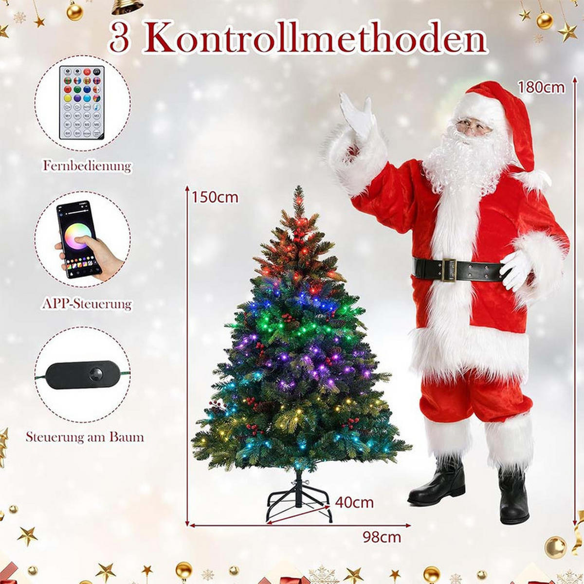 WEIHNACHTSBAUM mit 250 APP-gesteuerten RGB-Lichtern 150cm Grün - Grün, Metall (150cm) - COSTWAY