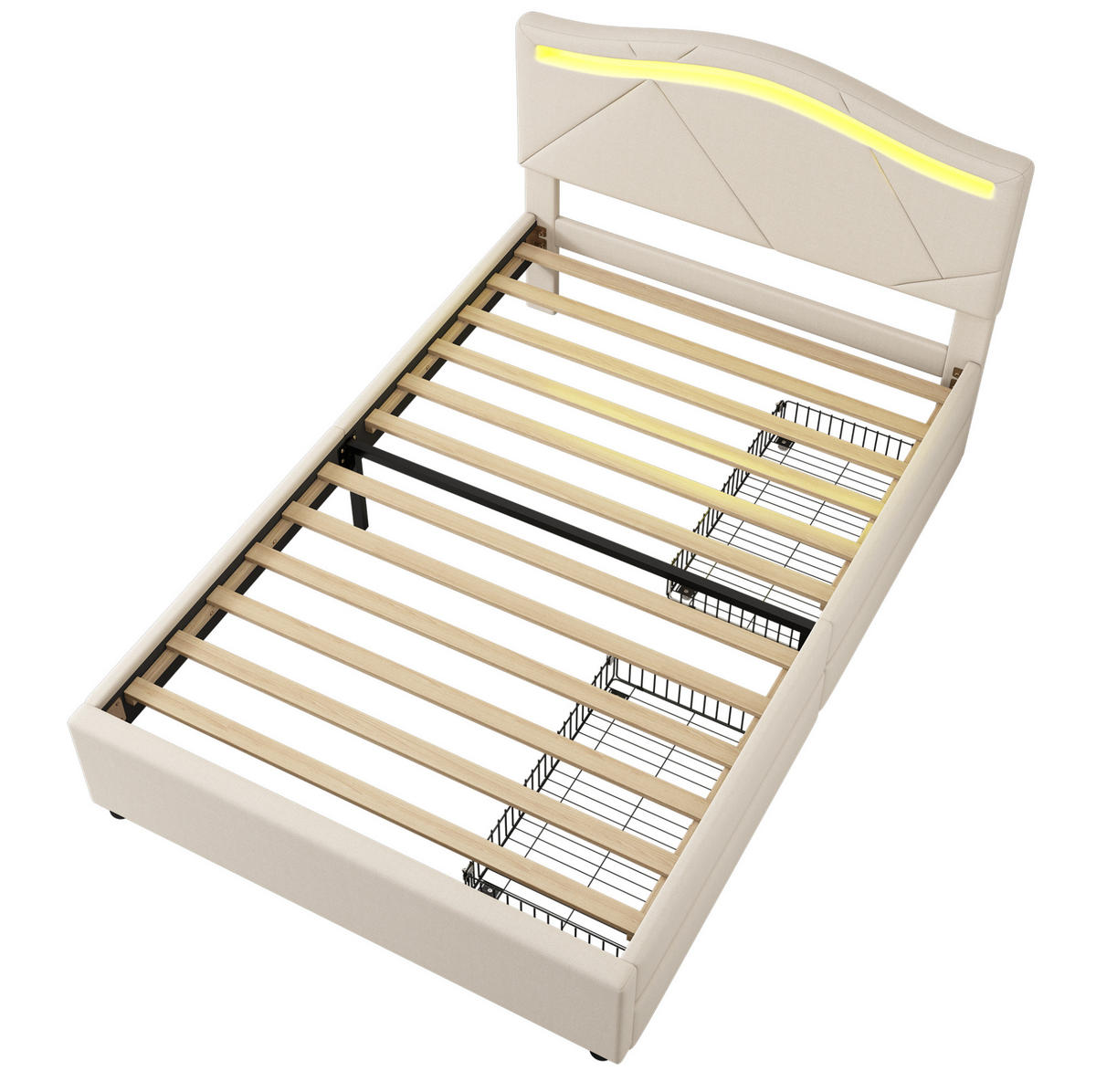BETT mit Lattenrost, LED und 2 Schubladen 90x200 cm Beige - Beige, Metall (90/200cm) - Meubliv