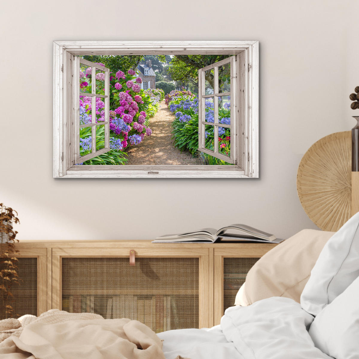 METALLBILD Hortensie - Fensterblick - Blumen - Sommer - Lila - Weg 60x40 cm - Lila, Metall (60/40cm) - MuchoWow
