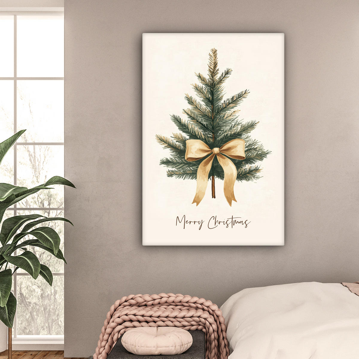 LEINWANDBILD Weihnachtsbaum - Weihnachten - Frohe Weihnachten - Beige 90x140 cm - Sandfarben, Textil (90/140cm) - MuchoWow