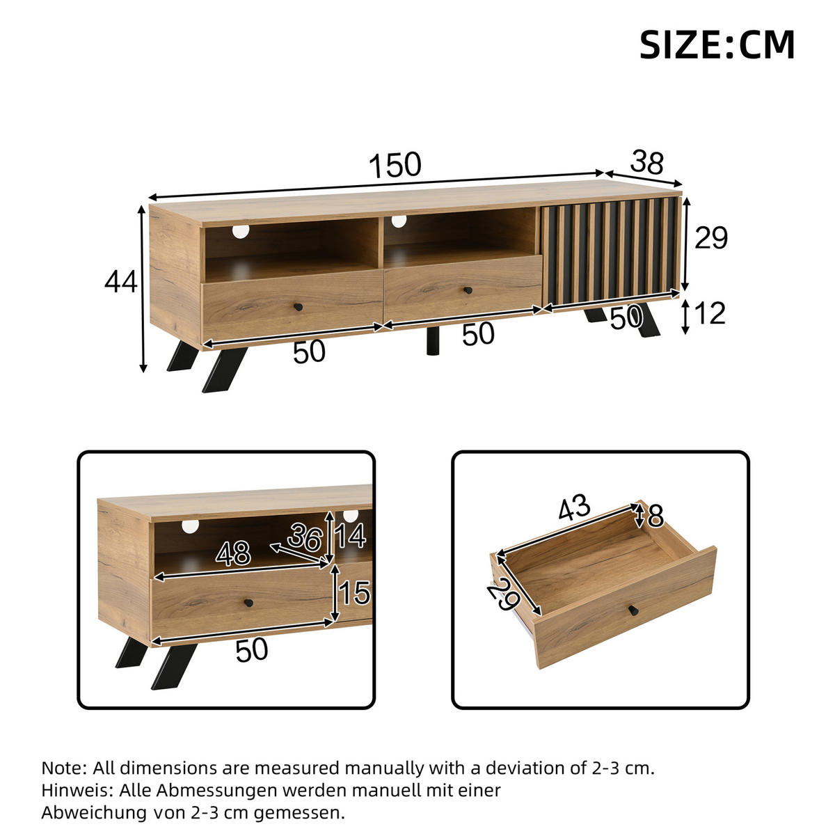 TV-SCHRANK mit 2 Schubladen 150 x 38 x 44 cm Natural Wood Schwarz - Braun, Holzwerkstoff (38/44/150cm) - Beauniv
