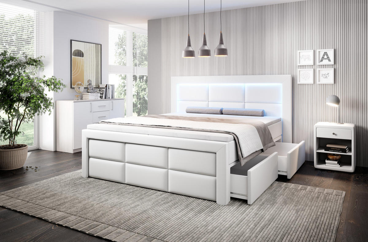 BOXSPRINGBETT Aspen mit Schubladen und Topper, LED-Beleuchtung, Kunstleder, 180x200 cm, Weiß - Weiß, Holz - PROMETO Möbel