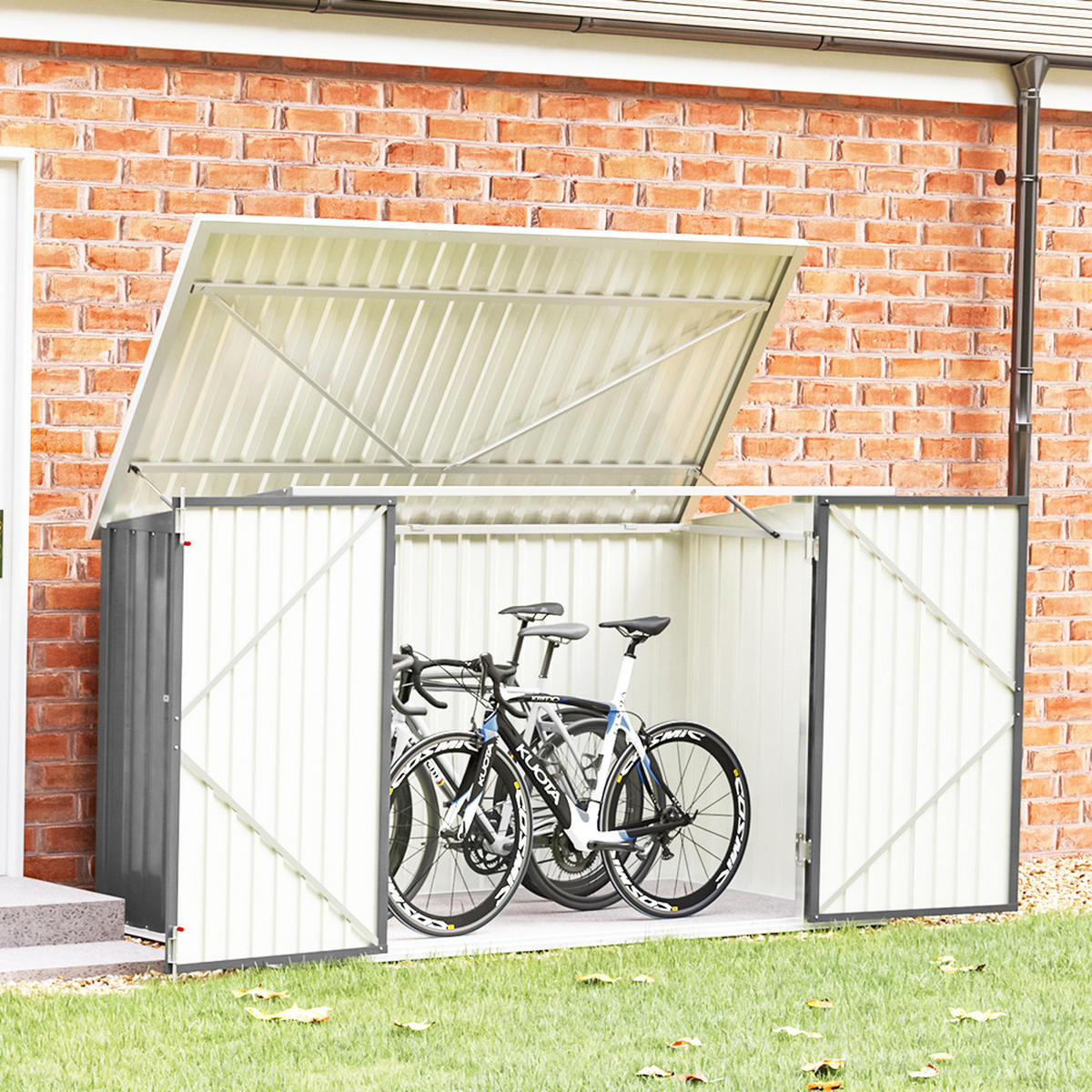 FAHRRADGARAGE mit abschließbaren Türen aus Stahl Grau Hochwertiger Wetterbeständige 210 x 105 x 130 cm - Grau, Metall (210/130/105cm) - Livingandhome