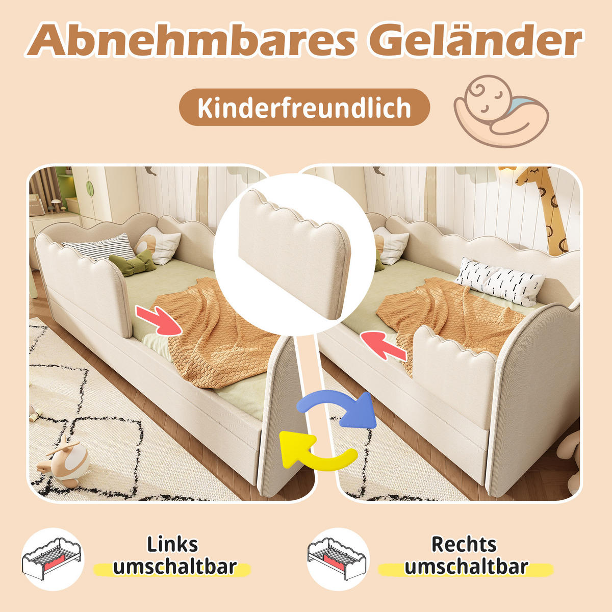 KINDERBETT 90/190 cm Beige aus Leinen mit Lattenrost und wolkenförmigem Design - Beige, Textil (90/190cm) - Flora Grace