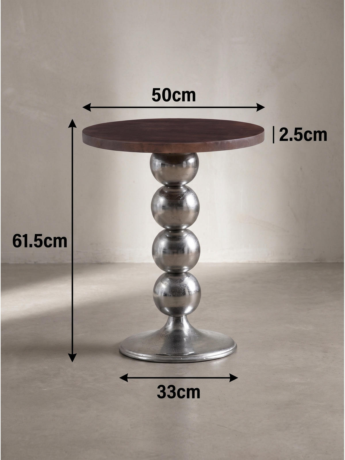 BEISTELLTISCH AMANTEA, Mango Massivholz, Braun-Silber, Ø 50 x 61,5 cm - Silberfarben/Sheeshamfarben, Holz/Metall (50/50/61.5cm) - KADIMA DESIGN