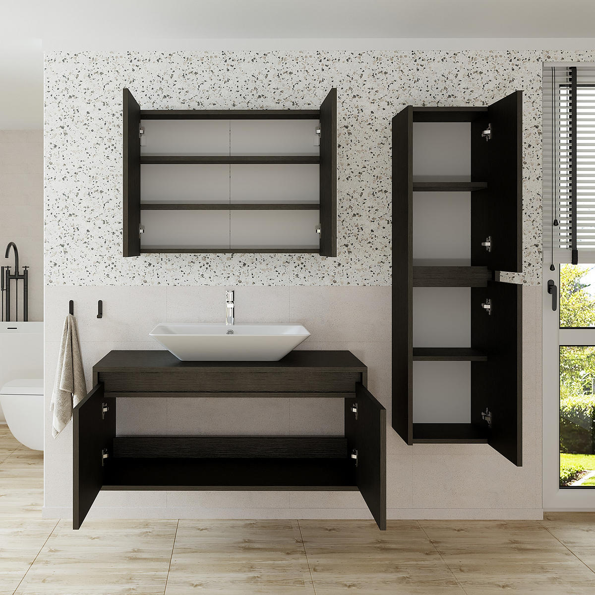 BADMÖBEL Set ATLANTIC-100 4-teilig - Schwarz, Holzwerkstoff (100/150/45cm) - Roomart