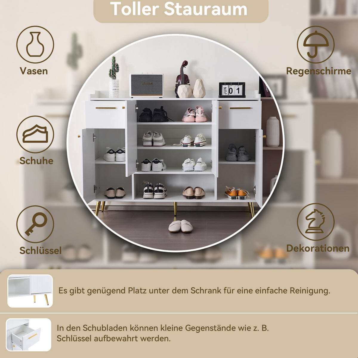 SCHUHSCHRANK 130/37/100 cm aus Spanplatte mit 2 Schubladen, 4 Türen und offenem Fach, Weiß - Weiß, Holzwerkstoff (130/100/37cm) - Redom