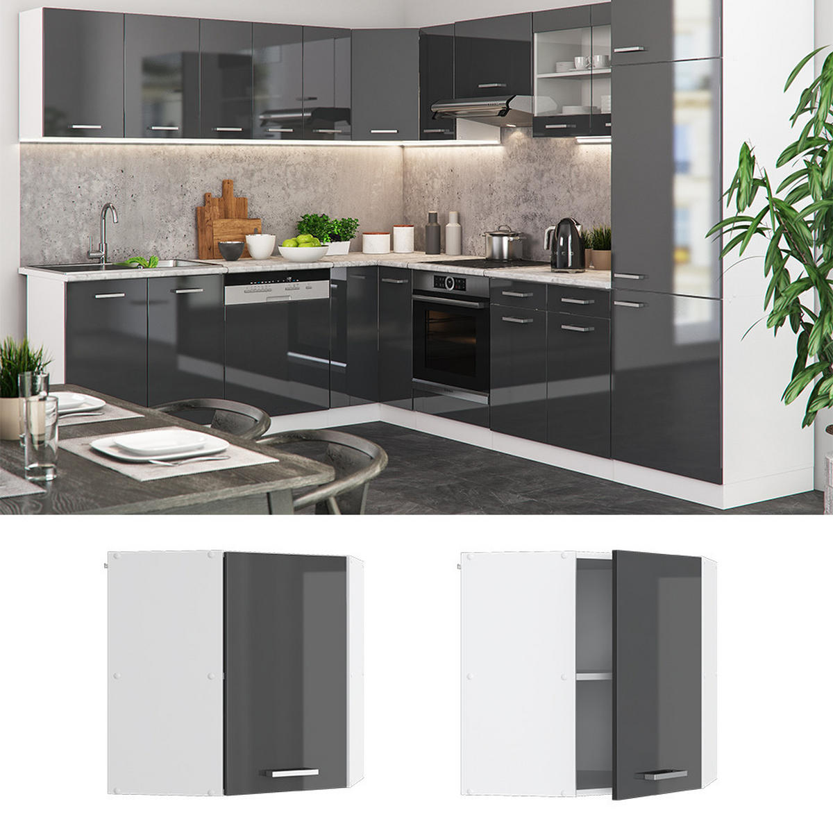 ECKHÄNGESCHRANK R-Line Anthrazit Hochglanz 57 cm - Schwarz Hochglanz/Anthrazit, Holzwerkstoff (57/60/34.1cm) - Vicco