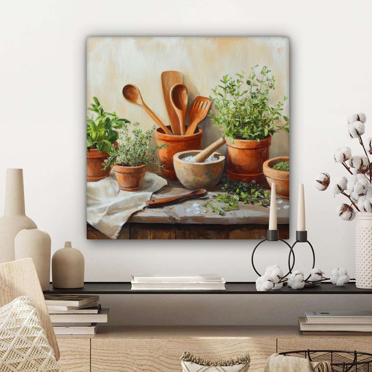 LEINWANDBILD Töpfe - Kräuter - Holz 50x50 cm - Terracotta, Textil (50/50cm) - MuchoWow
