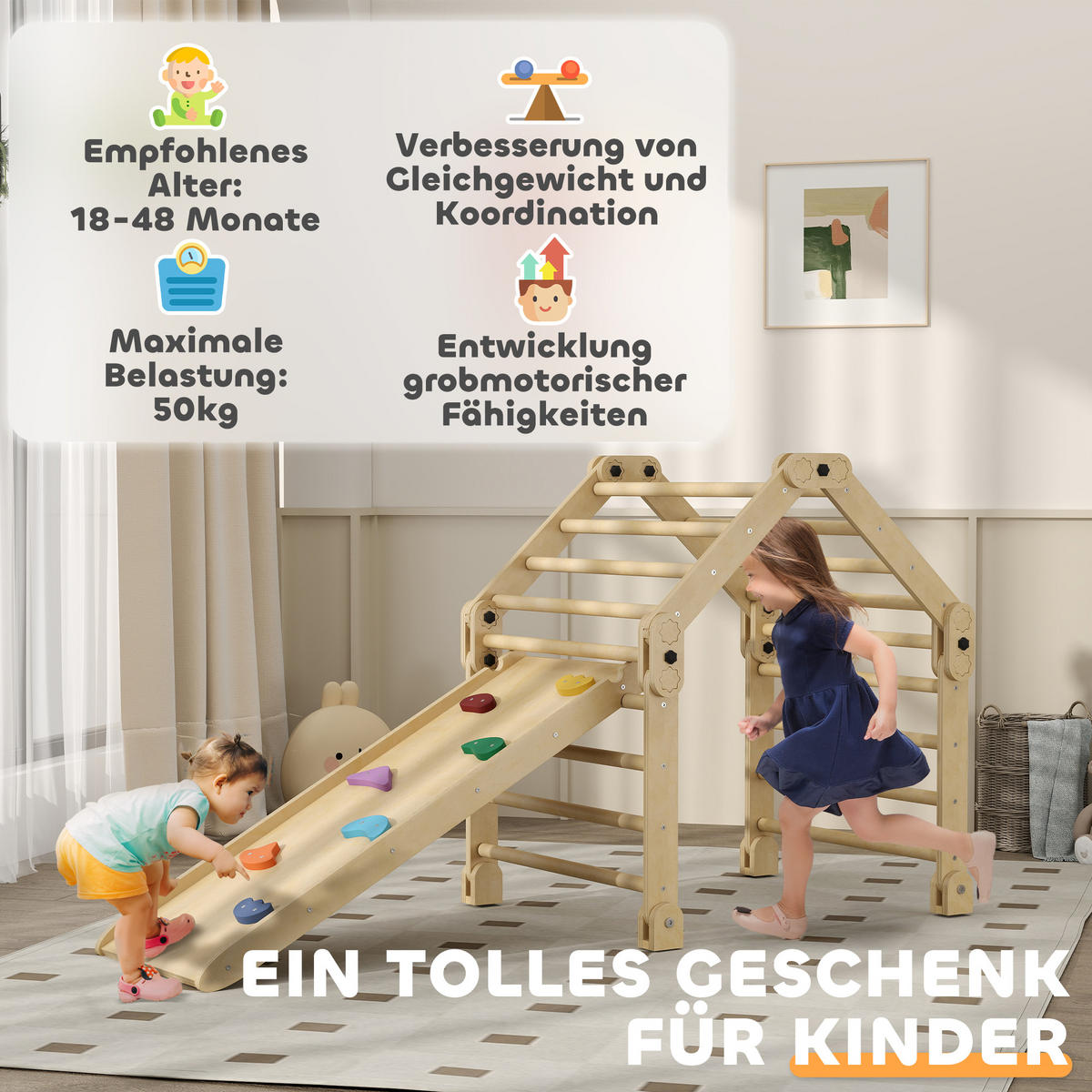 KLETTERGERÜST 3-in-1 DE-09804 faltbar mit Leiter und Rutsche Holz - Multicolor, Holz (70/59/175cm) - ComfortXL
