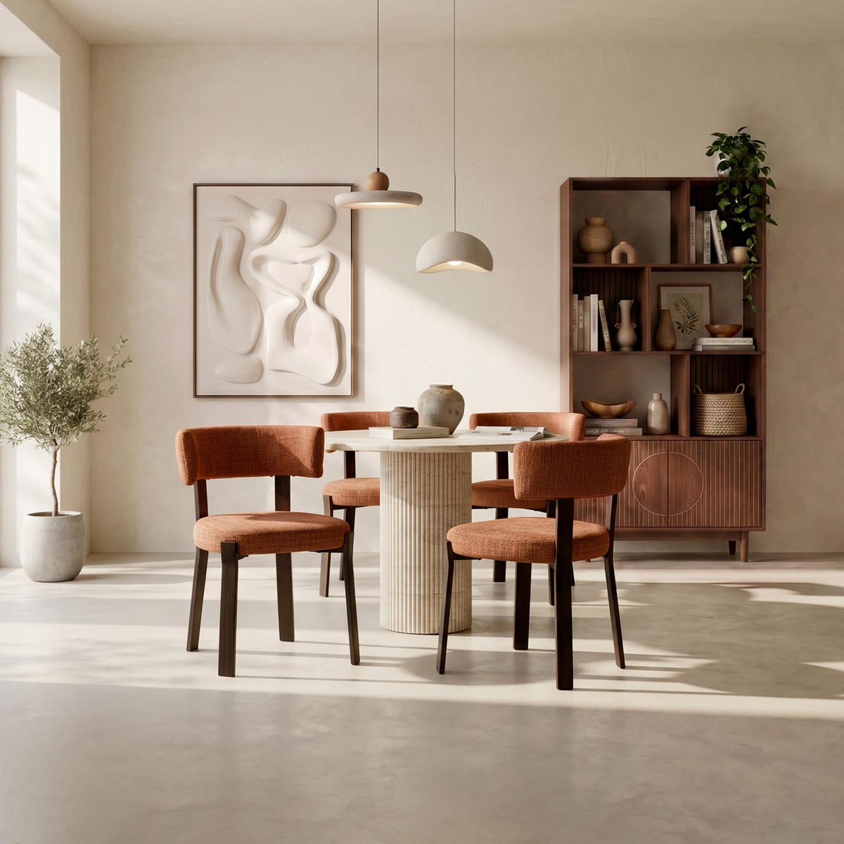 STÜHLE 4er-Set gepolstert im japanischen Stil mit strukturiertem Chenille-Stoff Terrakotta und Beinen aus Metall in Walnussoptik – ZOE - Terracotta/Schwarz, Textil/Metall (52/77/43.5cm) - Sicaan