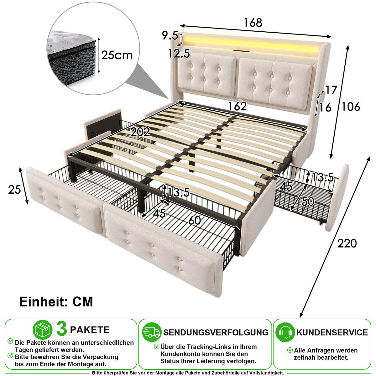 POLSTERBETT 160/200 cm in Beige mit 4 Schubladen, LED, USB und Matratze Stoff - Beige, Holzwerkstoff/Textil (160/200cm) - CHICFURN