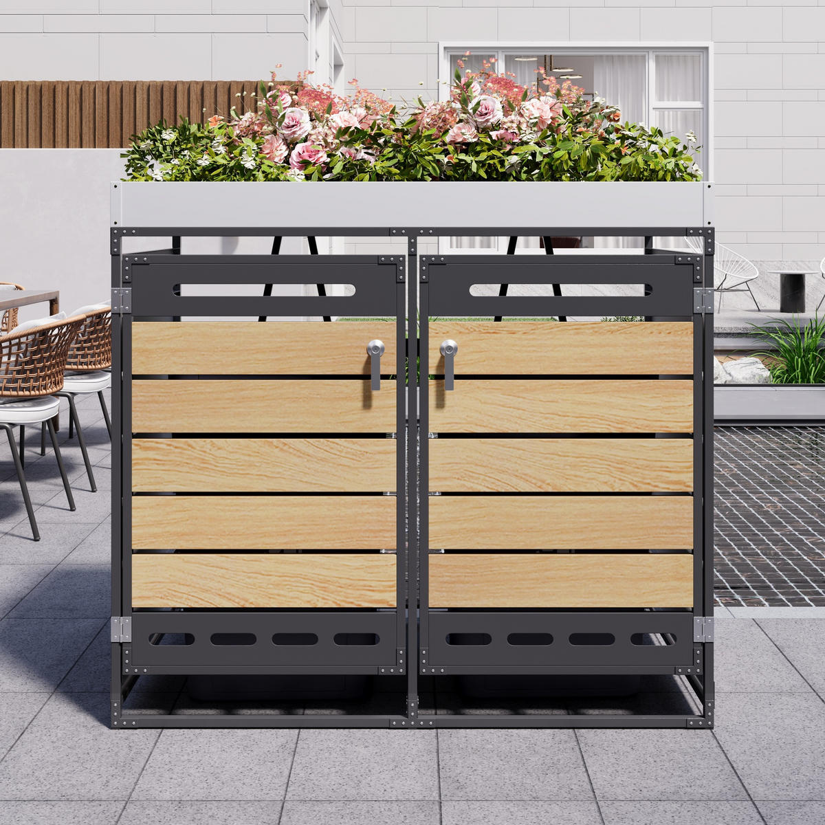 MÜLLTONNENBOX Pflanzkasten Holzoptik horizontal Schloss - Schwarz, Metall (131/120/79cm) - LEBENLANG