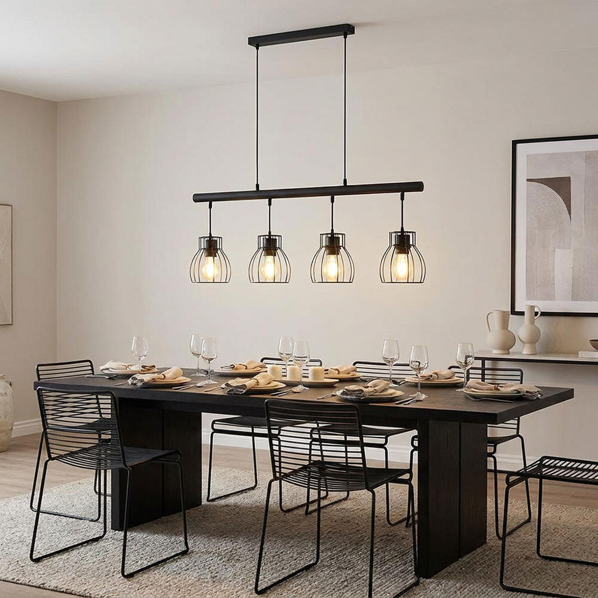 HÄNGELEUCHTE Käfig-Design Schwarz 4-Flammig - Schwarz, Metall (77/14/120cm) - Globo Lighting