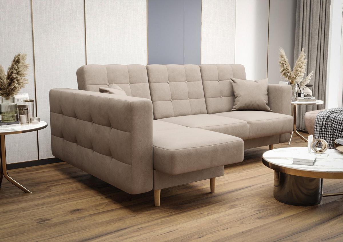 ECKSOFA KONGO RBN12, Eckcouch in L-Form mit Schlaffunktion, Farbe: Beige, Velourstoff, Ottomane Links - Beige, Textil (225/158cm) - O-Sofa