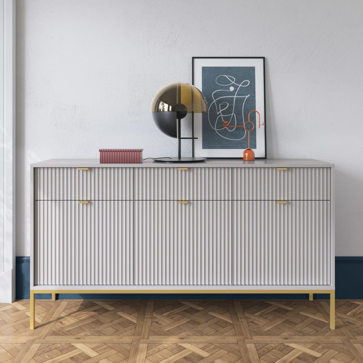 GRAUE Moderne Geriffelte Kommode KIOTO K3D3SZ (Gold Gestell, Soft-Close Türen) - Goldfarben/Grau, Holz/Holzwerkstoff (154/83/39cm) - Ravio