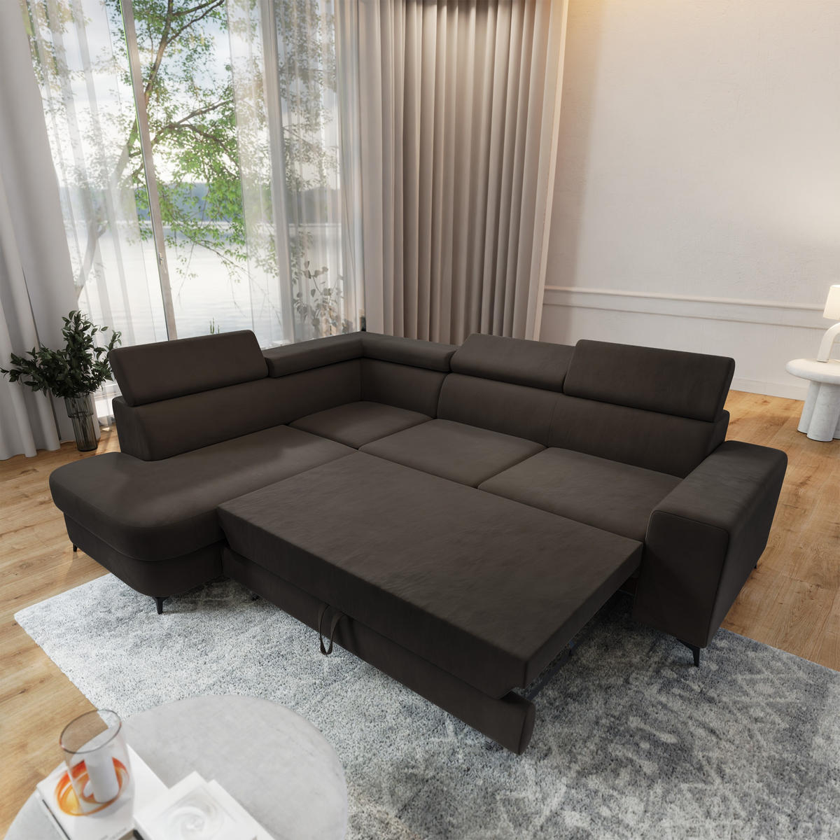 ECKSOFA ALVORO L-S Braun Velours-Stoff mit Schlaffunktion - Braun, Holz (253/190cm) - MASSENO