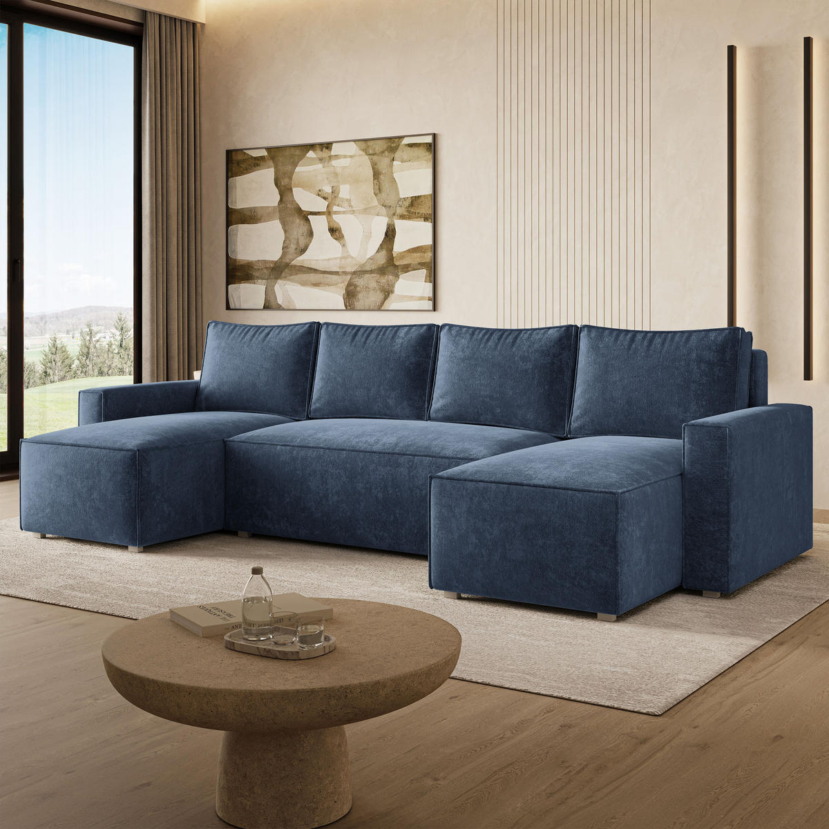 WOHNLANDSCHAFT ASPRA LM Blau Chenille mit Schlaffunktion - Blau, Holz (295/85/140cm) - MASSENO