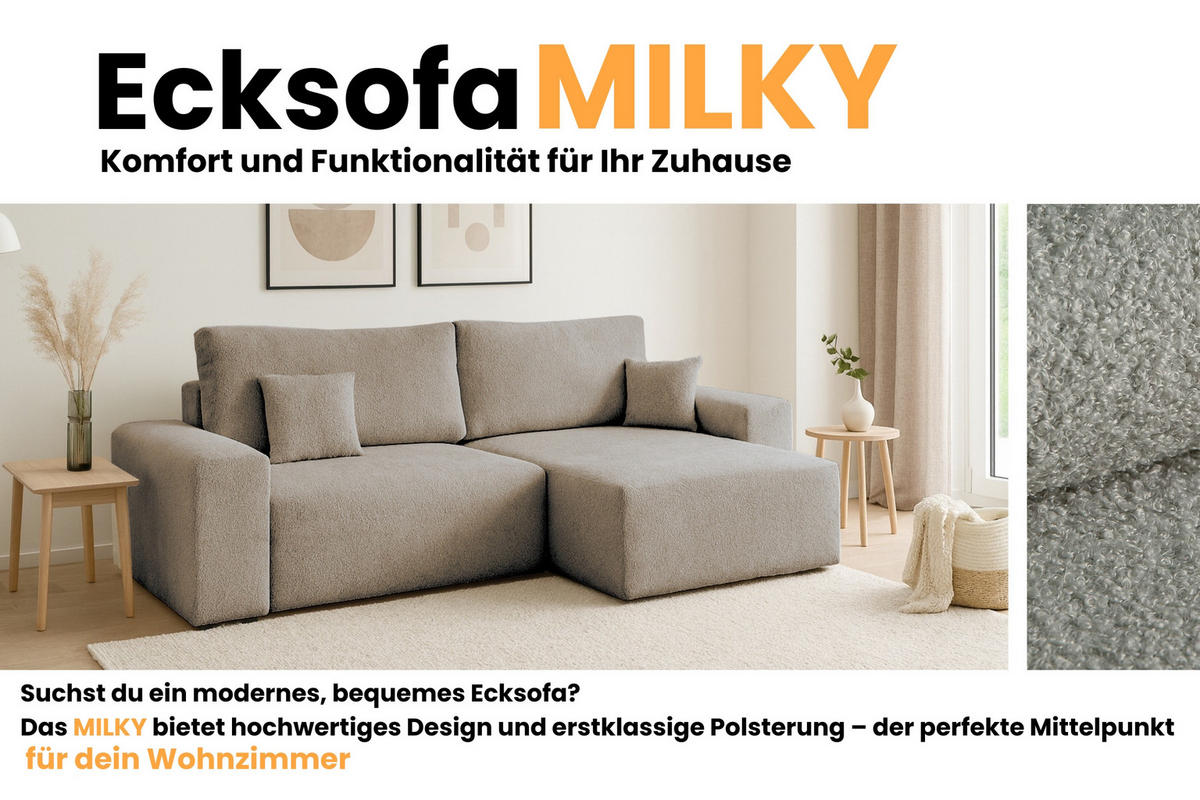 ECKSOFA MILKY 255/148 in Bouclé Grau-Beige links - Graubraun, Holz/Holzwerkstoff (255/148cm) - Deine Möbel 24