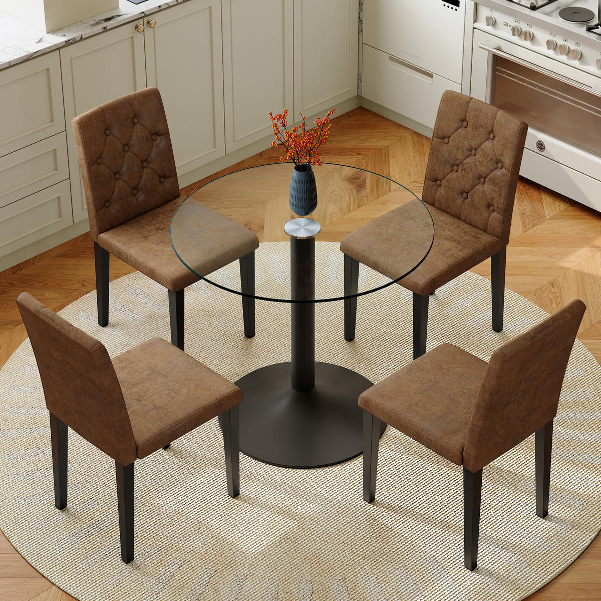ESSGRUPPE DE-39482 5-teilig, Glastisch und 4 Stühlen mit Rautensteppung Braun - Braun, Metall (85/75/85cm) - ComfortXL