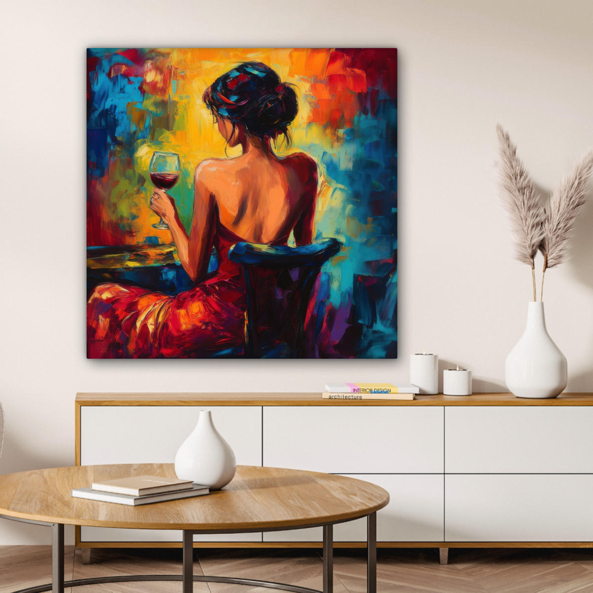 LEINWANDBILD Wein - Frau - Stimmungsvoll - Farbenfroh 90x90 cm - Bordeaux, Textil (90/90cm) - MuchoWow