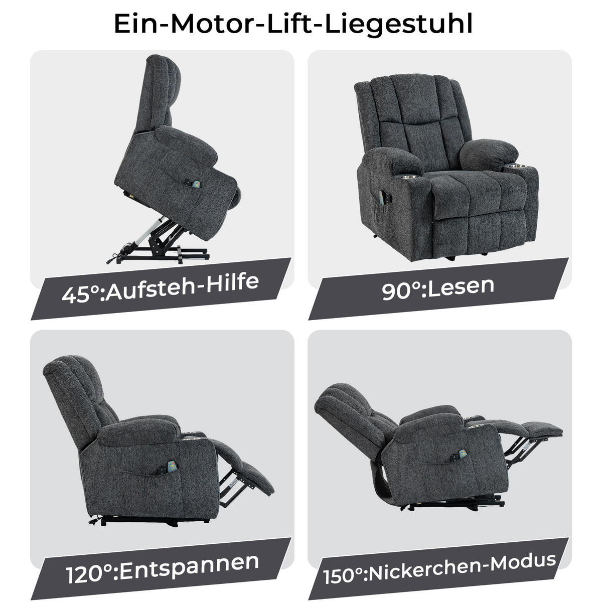 ELEKTRISCHER Relaxsessel Samt mit Aufstehhilfe, Massage, Wärme 91/84/106 cm Dunkelgrau - Dunkelgrau, Textil (84/106/91cm) - Redom