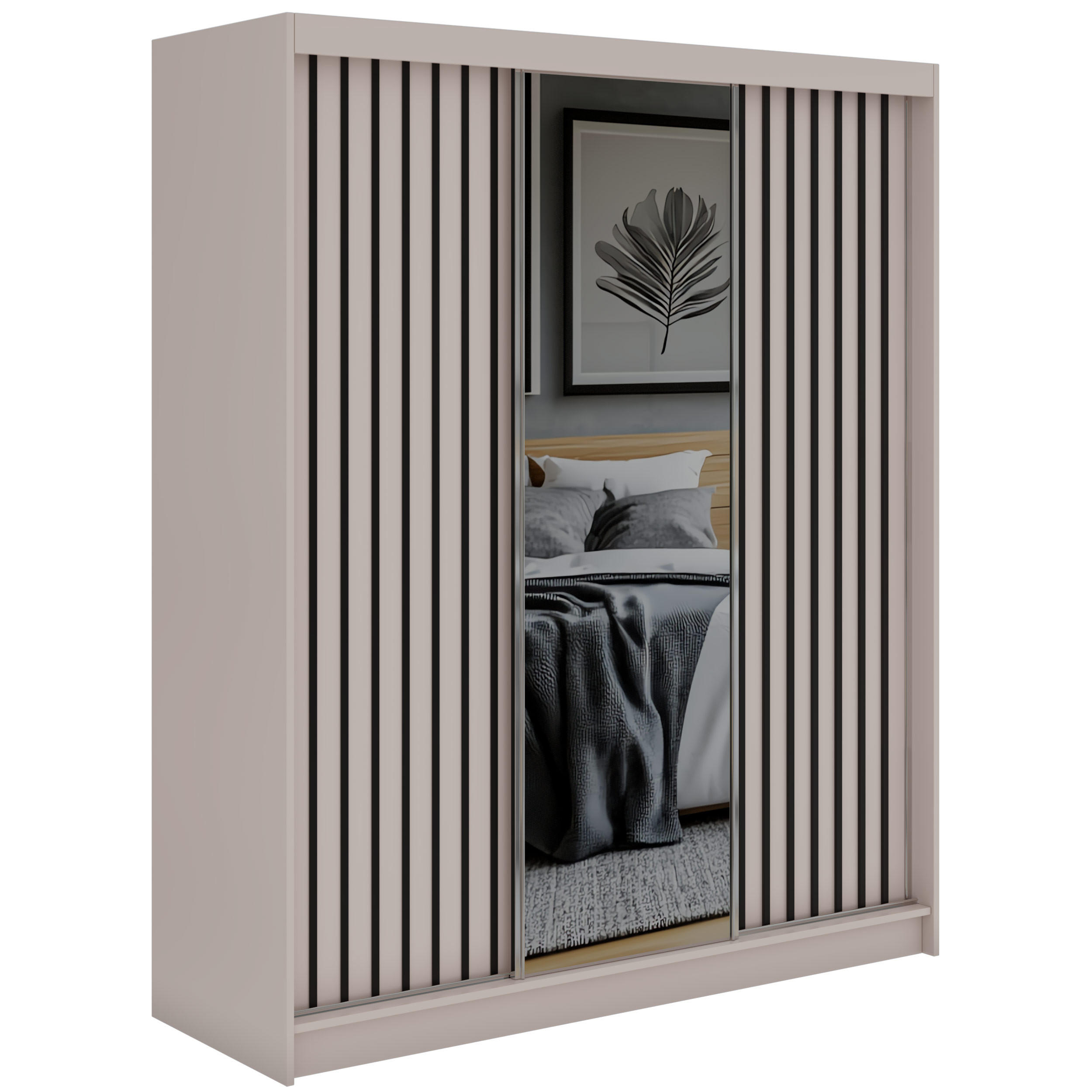 SCHWEBETÜRENSCHRANK mit Spiegel und Schubladen LAOS - 180 - Kaschmir - Schwarz Lamellen - Kaschmir/Schwarz, Holzwerkstoff/Metall (180/216/61cm) - MKS