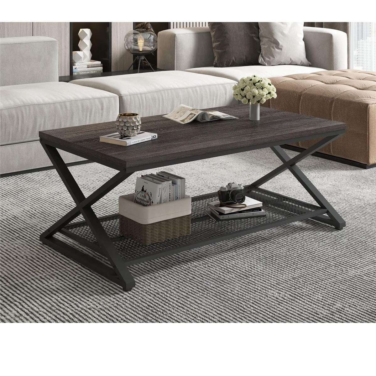 COUCHTISCH Holz Metall Industrial mit Ablage 120 x 60 x 45 cm - Dunkelgrau, Holzwerkstoff/Metall (60/120/45cm) - Quality Elegance