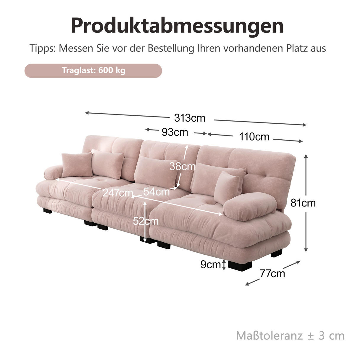 3-SITZER-SOFA DE-34065 modular mit Tiefensitz Rosa - Pink, Holz (77/81/313cm) - ComfortXL