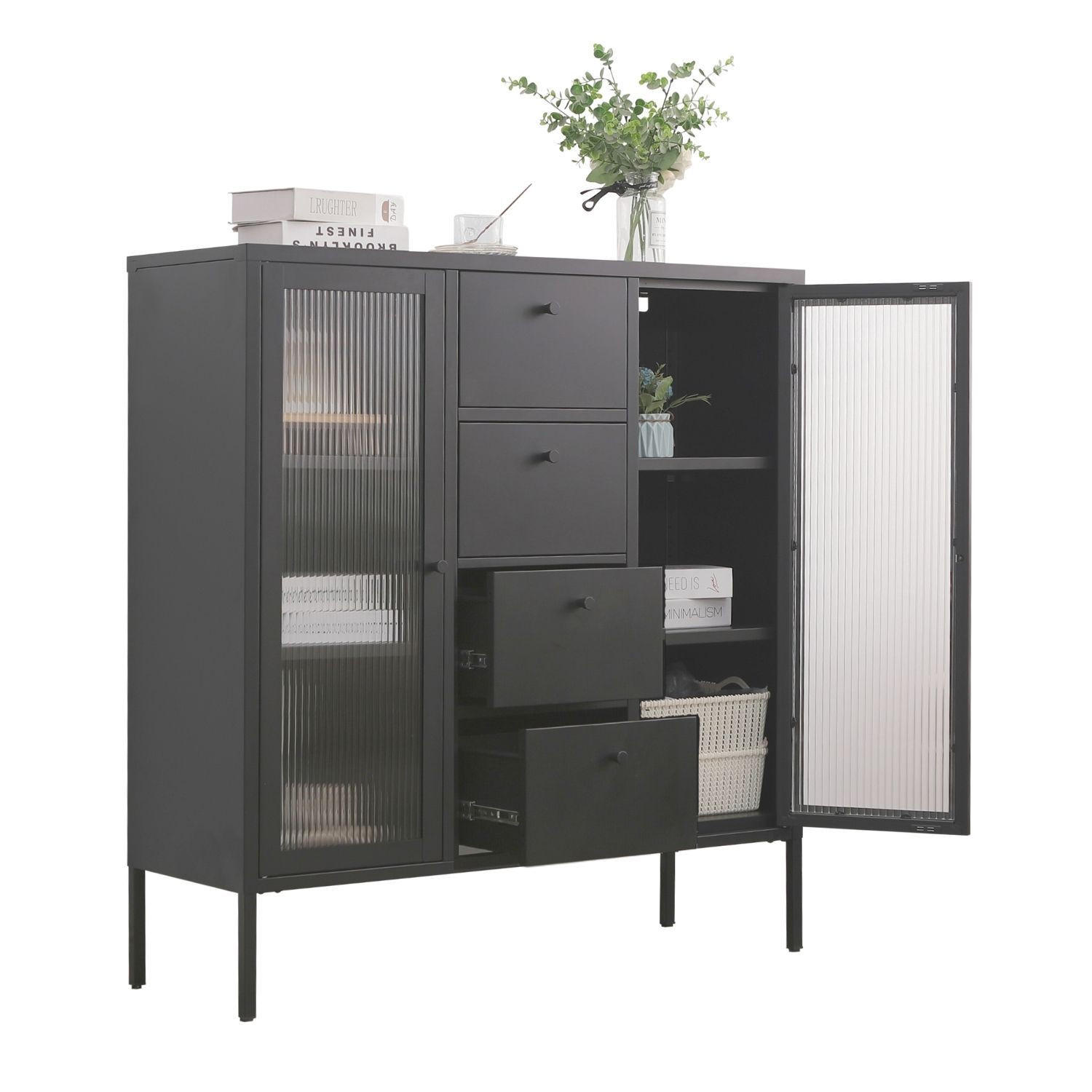 HIGHBOARD PARIS Metall Schwarz mit 4 Schubladen - Schwarz, Metall (35/110/105cm) - Mein-Regal