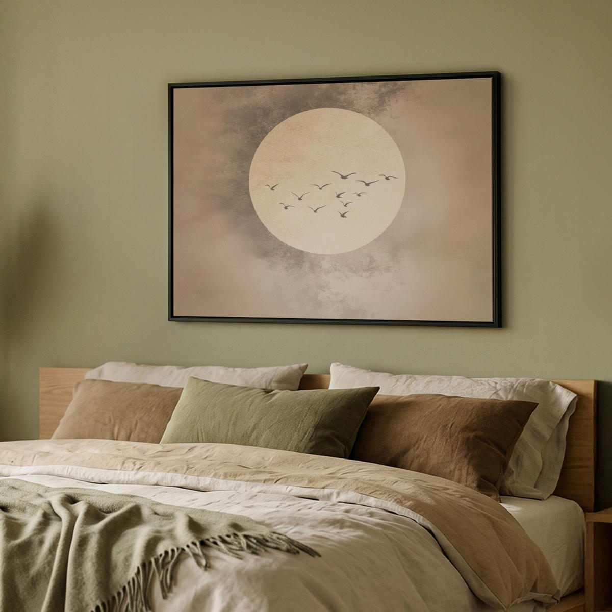 LEINWAND Bilder mit Rahmen - Vogel - Beige - Japanisch - 100x70 - Taupe, Textil (100/70cm) - MuchoWow