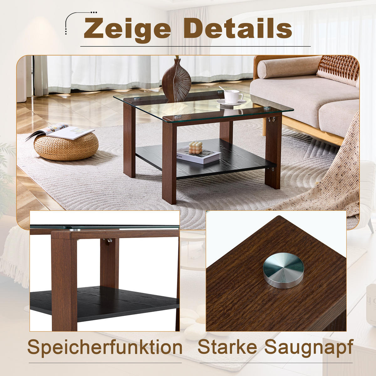 COUCHTISCH 75/75/45,5 cm walnussfarben aus MDF und Glas mit Ablage - Walnussfarben, Holzwerkstoff (75/75/45.5cm) - OKWISH