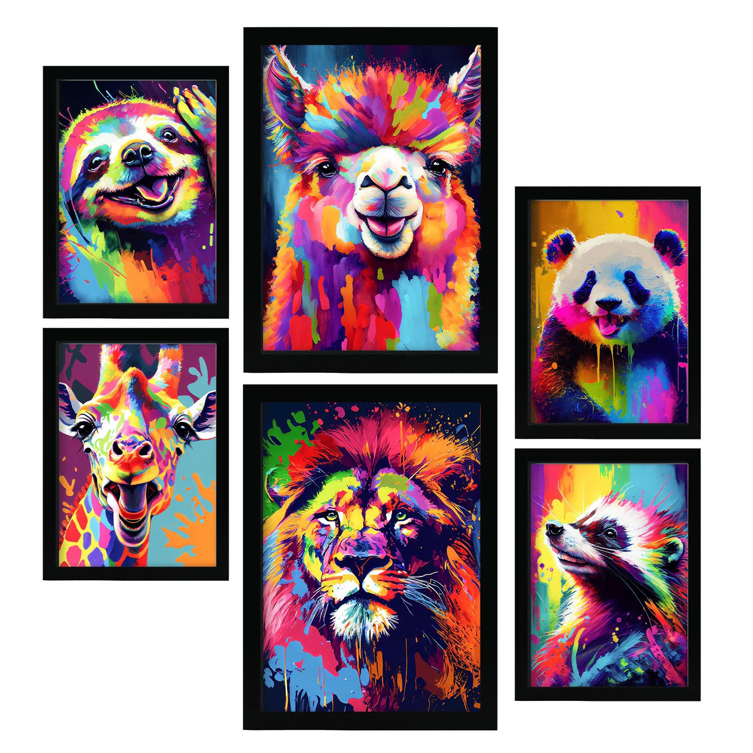 POSTER Set Mit 6 Dumme Tiere Im Hochformat Lebhafte Aquarell Stil Illustrationen Von Lächelnde Tiere Innenarchitektur A3 & A4 Schwarzer Rahmen - Schwarz, Papier (29/3cm) - Nacnic