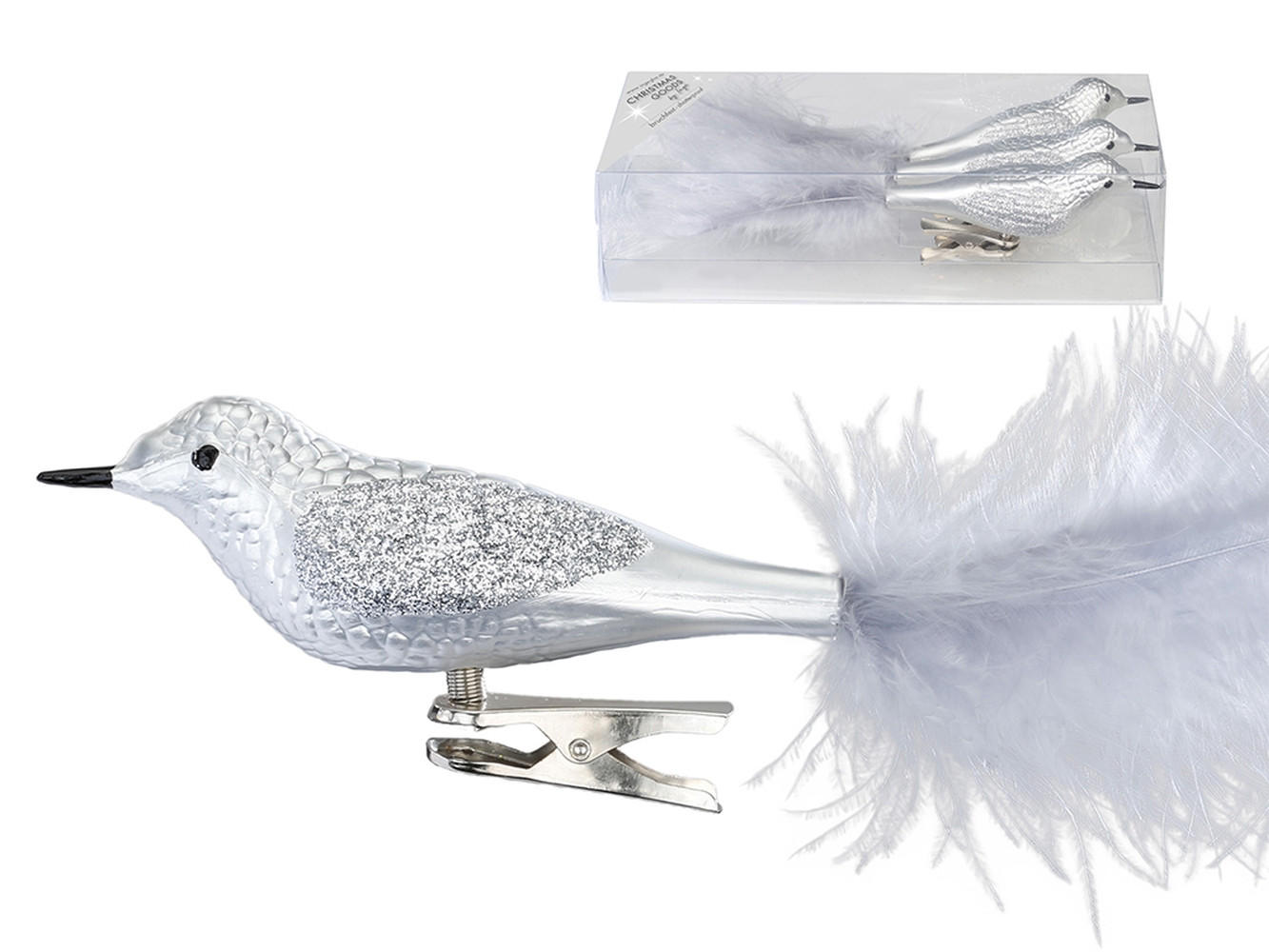 LAALU WEIHNACHTSBAUMSCHMUCK-SET 3tlg. Silberner Vogel auf Clip 20 cm - Silberfarben, Kunststoff (0.01/1/0.01cm) - LAALU