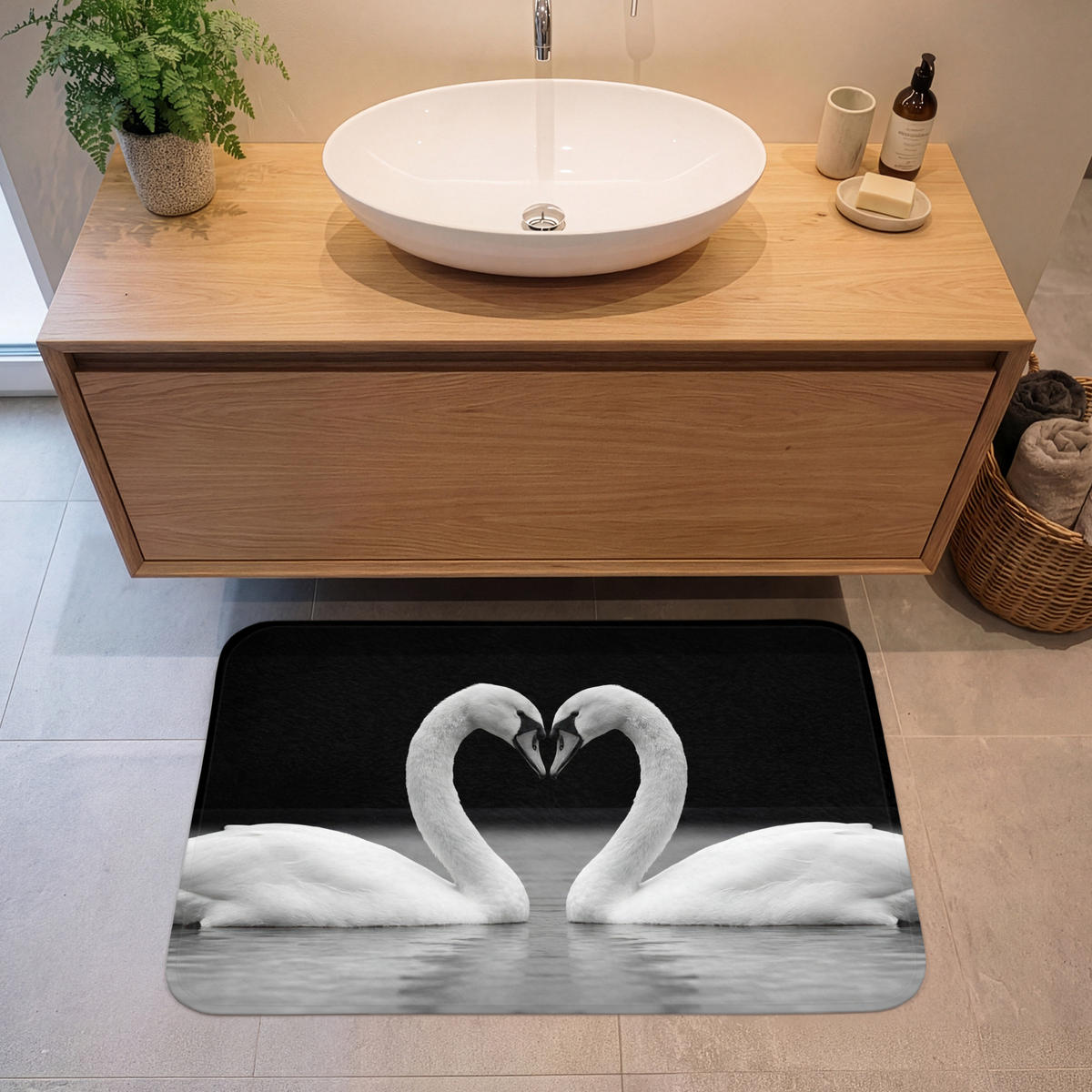 KOUPELNOVÁ PŘEDLOŽKA Labutě - srdce - černá - bílá 90x60 cm - černá, textil/plast (90/60cm)