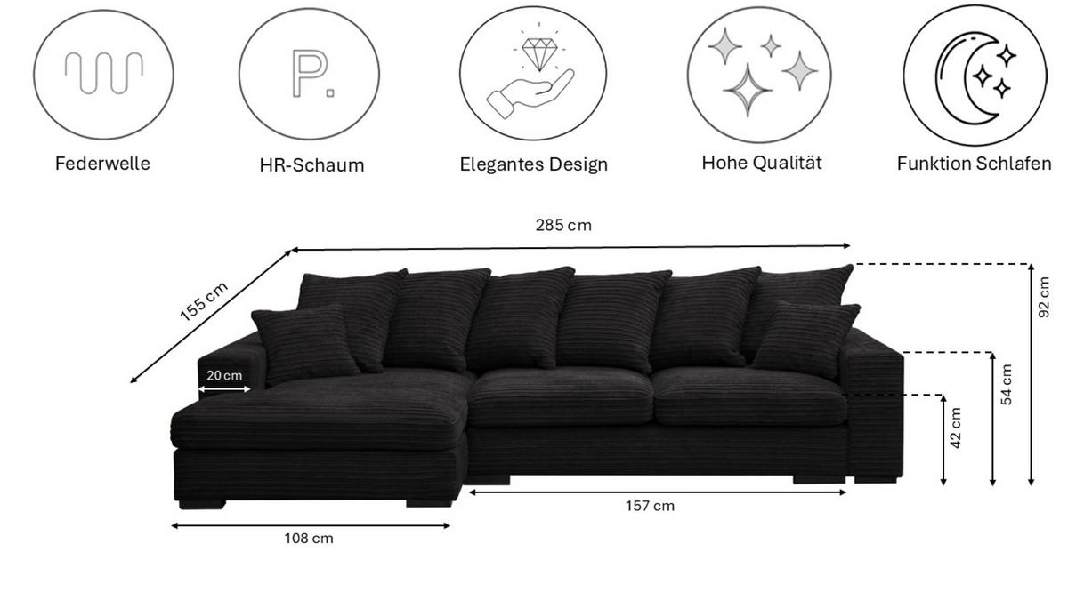 ECKSOFA Mit Schlaffunktion Und Bettkasten Couch L-form Gabon Stoff Zoom Schwarz Links - Schwarz, Holz (155/285cm) - Kaiser Möbel