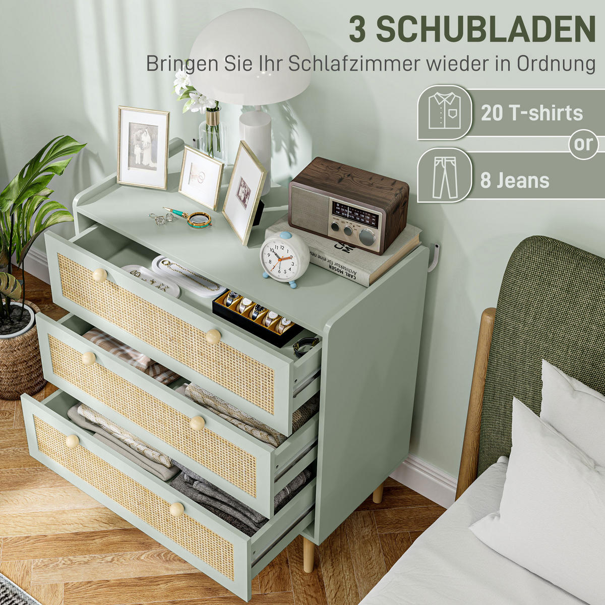 SCHLAFZIMMER-KOMMODE mit 3 Schubladen, Rattan-Fronten, MDF, Grün - Hellblau, Holzwerkstoff (40/87.5/80cm) - HOMCOM