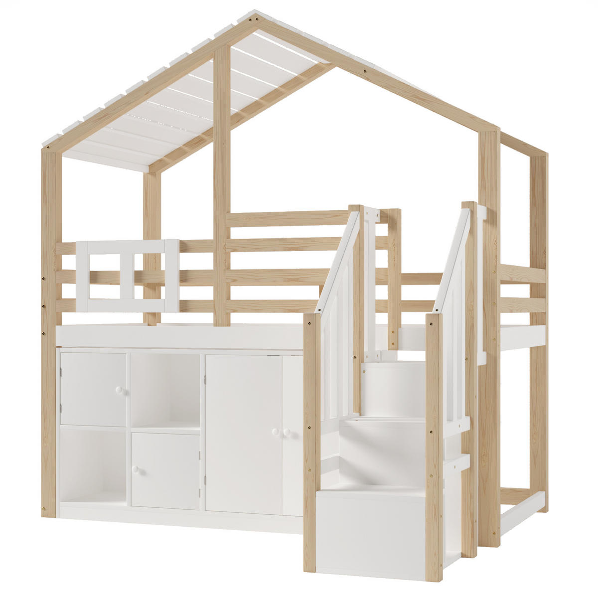 HOCHBETT 90/200 cm in Weiß/Natur – mit Stauraumtreppe und Rausfallschutz - Weiß, Holz (90/200cm) - BEAOK