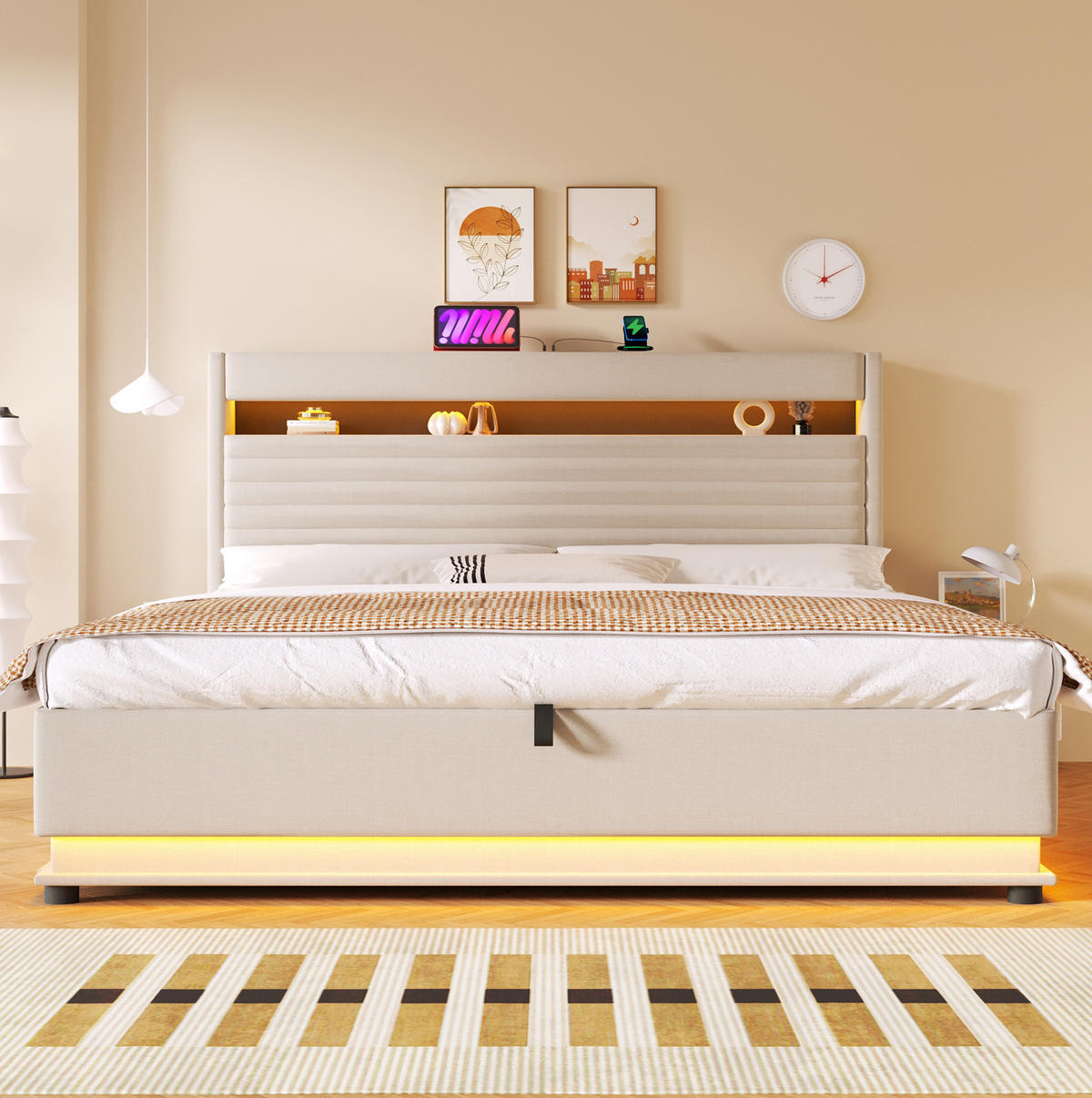 POLSTERBETT 180/200 cm aus Leinen mit LED-Beleuchtung und Stauraum Beige - Beige, Textil (180/190cm) - Modenvie